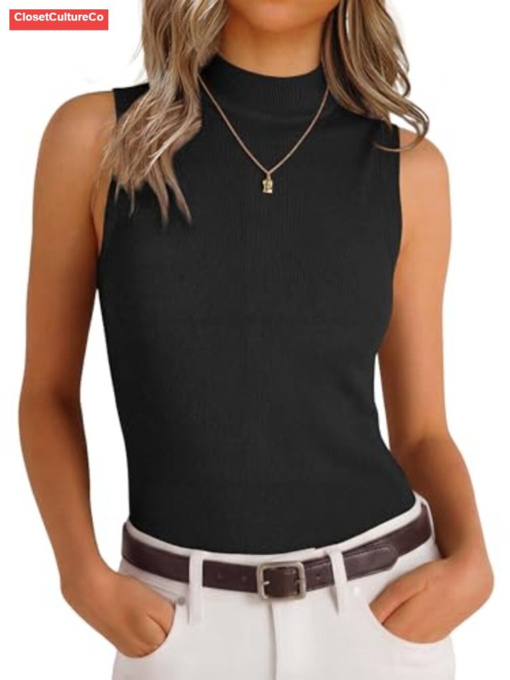 Wool Blend Mock Neck Sleeveless Tank Top Slim Fit Business Casual